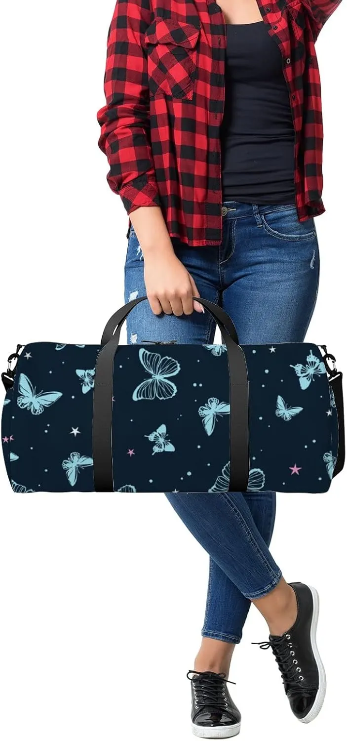 Sports Gym Bag for Women and Men Waterproof Butterflies Pattern Blue Duffel Bag Lightweight Carryon Traveling Boarding Gripsack