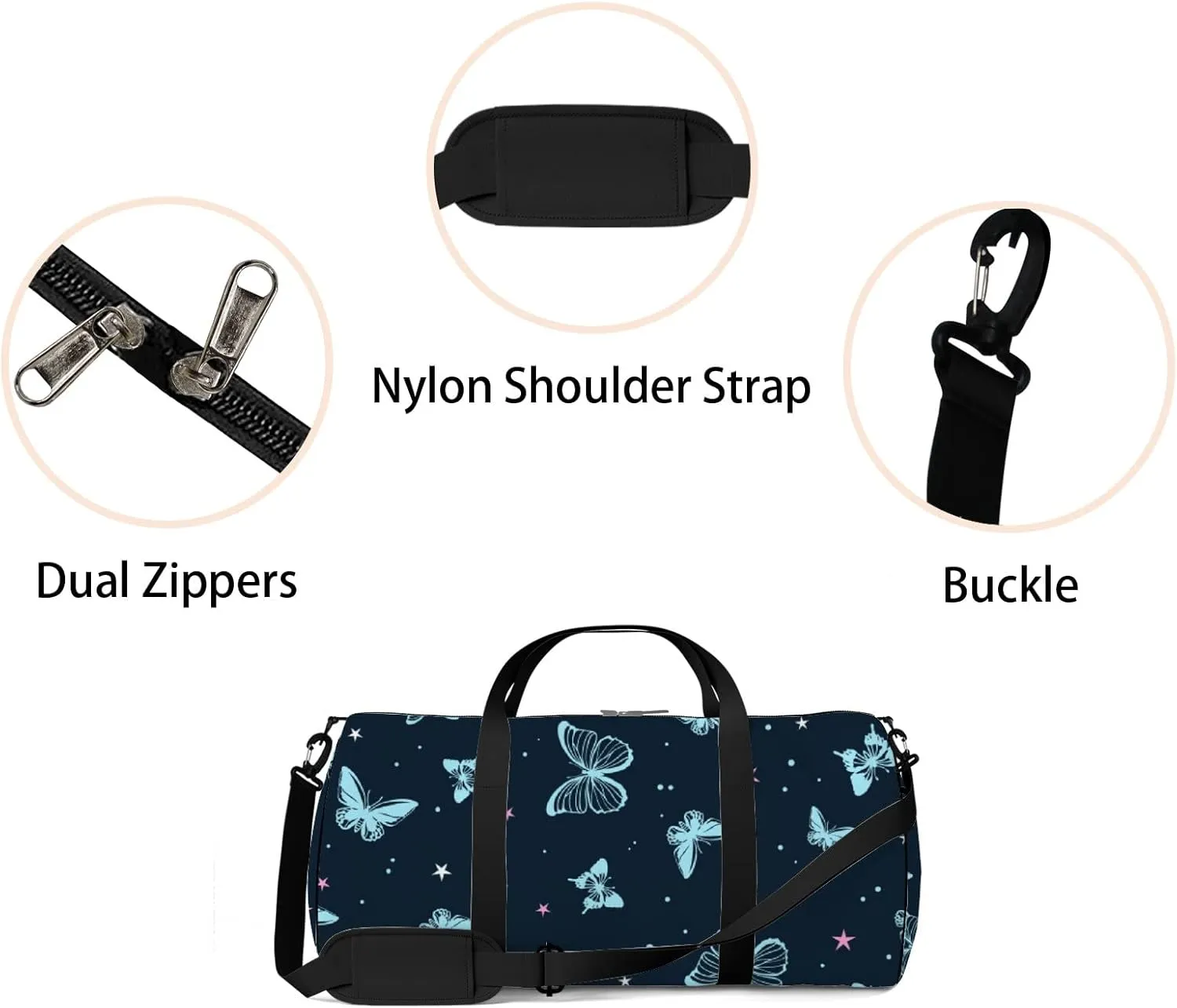 Sports Gym Bag for Women and Men Waterproof Butterflies Pattern Blue Duffel Bag Lightweight Carryon Traveling Boarding Gripsack