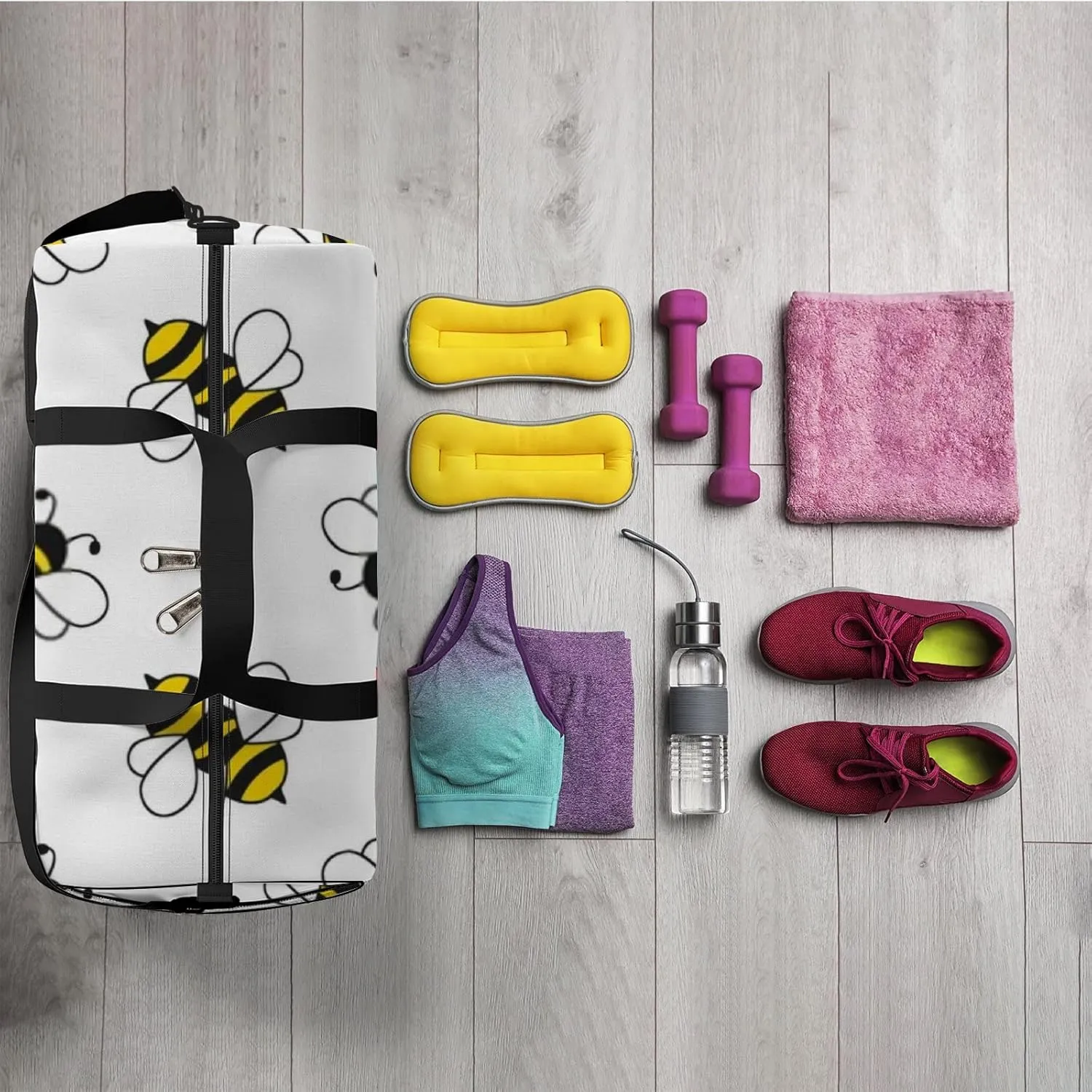 Sports Gym Bag for Women and Men Waterproof Cartoon Black Yellow Bees Duffel Bag Lightweight Carryon Traveling Boarding Gripsack