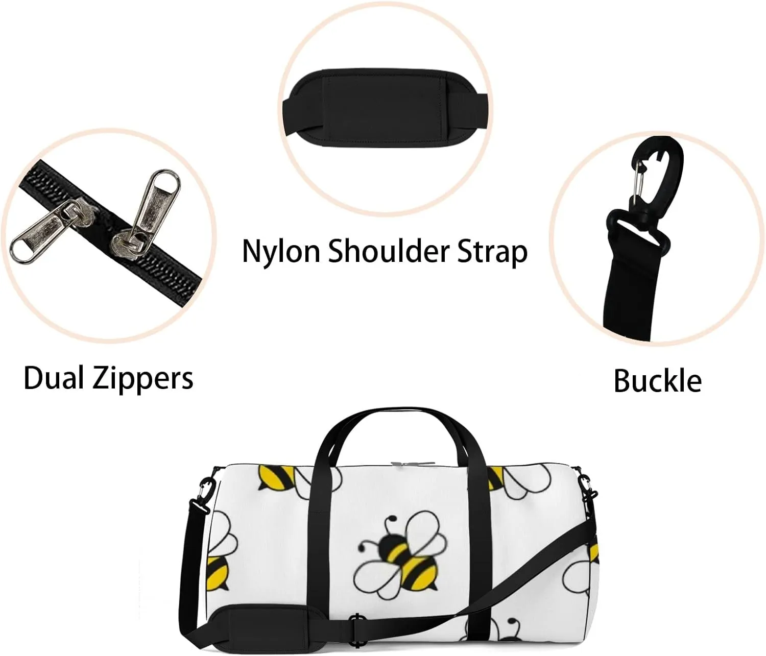 Sports Gym Bag for Women and Men Waterproof Cartoon Black Yellow Bees Duffel Bag Lightweight Carryon Traveling Boarding Gripsack