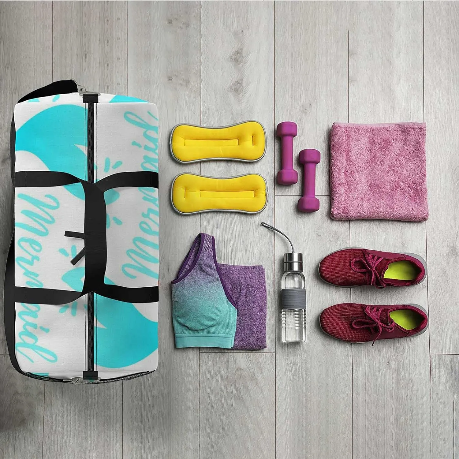 Sports Gym Bag for Women and Men Waterproof Cartoon Style Illustration Cute Mermaid Duffel Bag Lightweight Carryon Traveling Boarding Gripsack