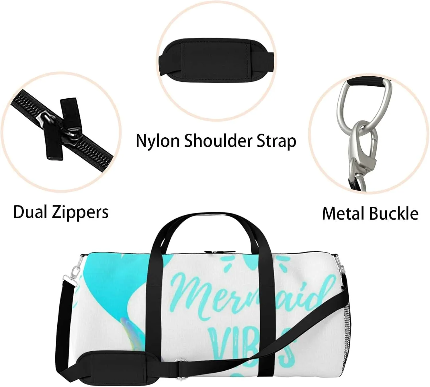 Sports Gym Bag for Women and Men Waterproof Cartoon Style Illustration Cute Mermaid Duffel Bag Lightweight Carryon Traveling Boarding Gripsack