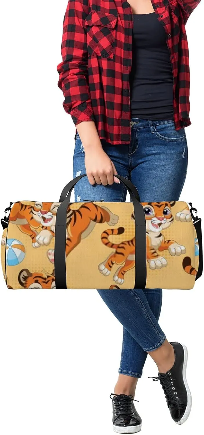 Sports Gym Bag for Women and Men Waterproof Cartoon Tigers Balls Orange Duffel Bag Lightweight Carryon Traveling Boarding Gripsack