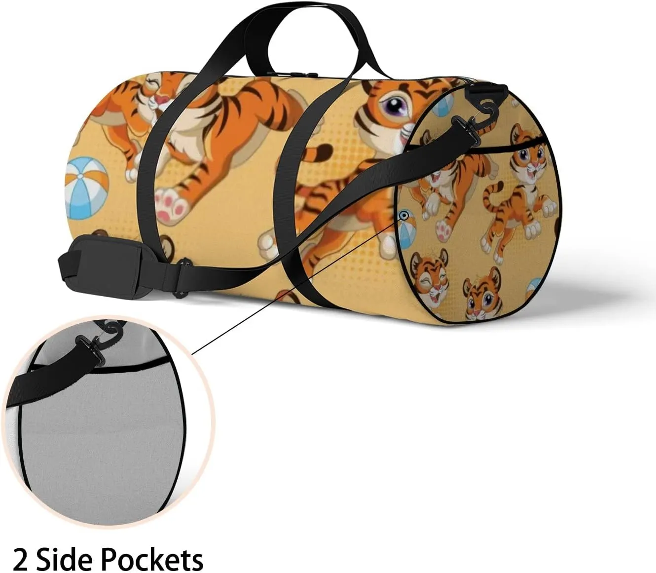 Sports Gym Bag for Women and Men Waterproof Cartoon Tigers Balls Orange Duffel Bag Lightweight Carryon Traveling Boarding Gripsack
