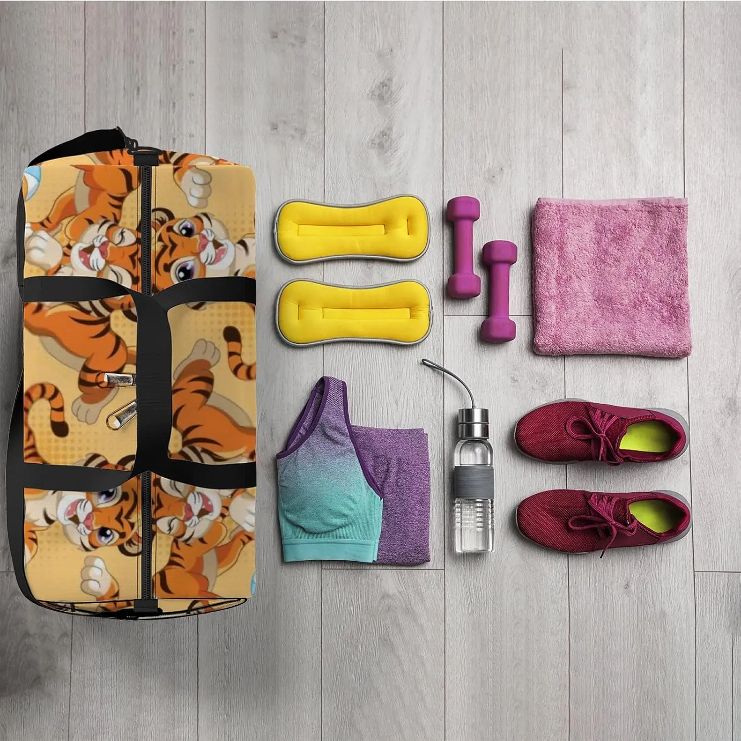 Sports Gym Bag for Women and Men Waterproof Cartoon Tigers Balls Orange Duffel Bag Lightweight Carryon Traveling Boarding Gripsack