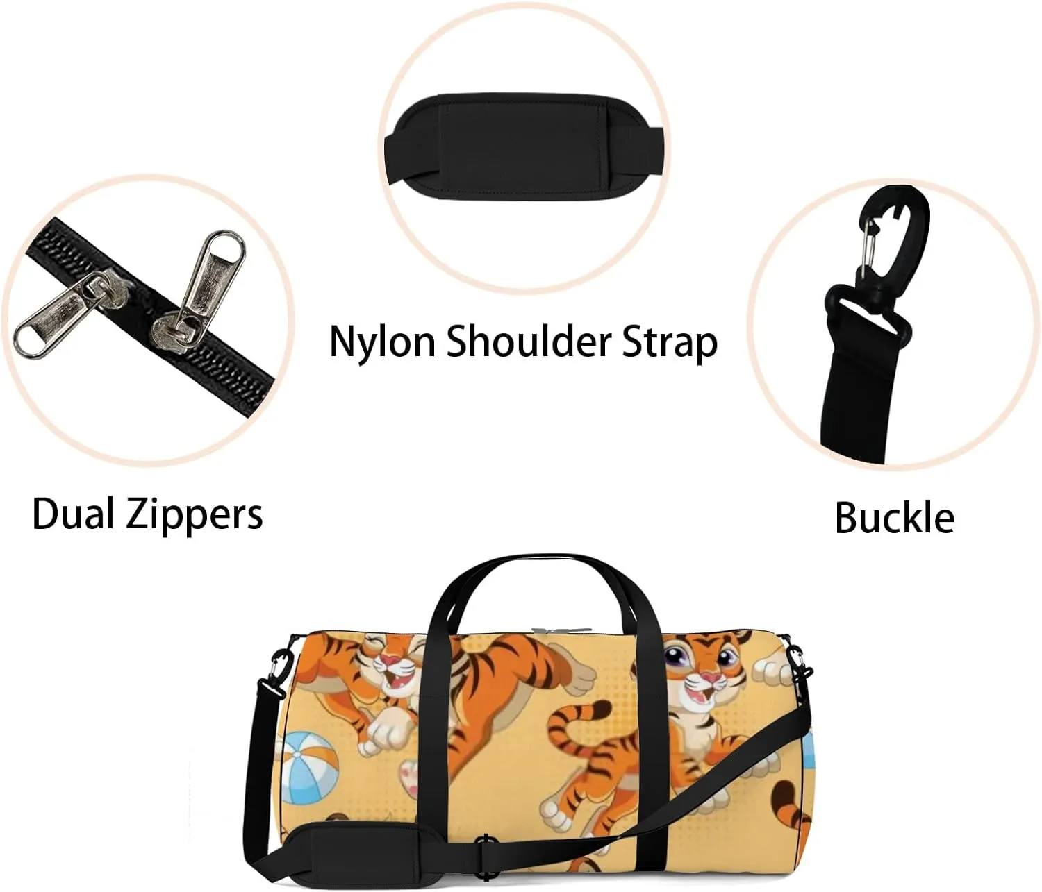 Sports Gym Bag for Women and Men Waterproof Cartoon Tigers Balls Orange Duffel Bag Lightweight Carryon Traveling Boarding Gripsack