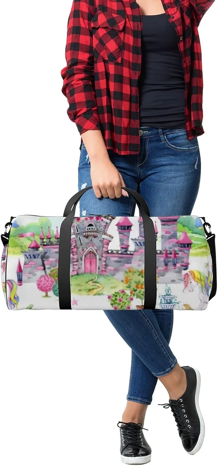 Sports Gym Bag for Women and Men Waterproof Castle of Princess Watercolor Style Duffel Bag Lightweight Carryon Traveling Boarding Gripsack