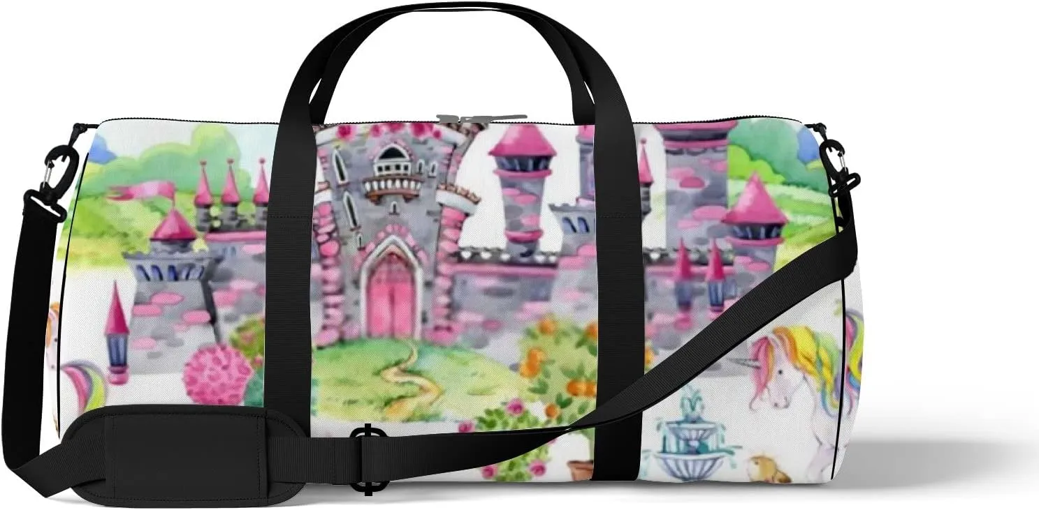 Sports Gym Bag for Women and Men Waterproof Castle of Princess Watercolor Style Duffel Bag Lightweight Carryon Traveling Boarding Gripsack