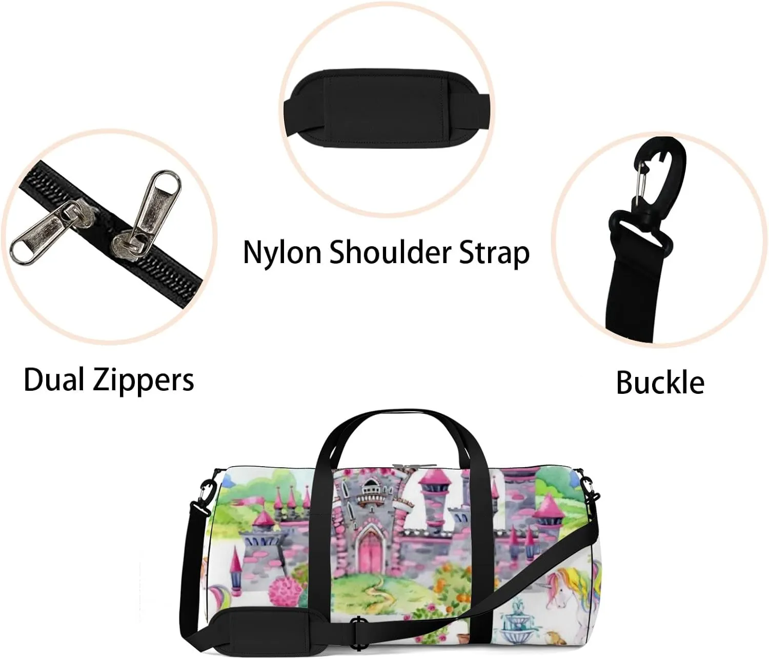 Sports Gym Bag for Women and Men Waterproof Castle of Princess Watercolor Style Duffel Bag Lightweight Carryon Traveling Boarding Gripsack