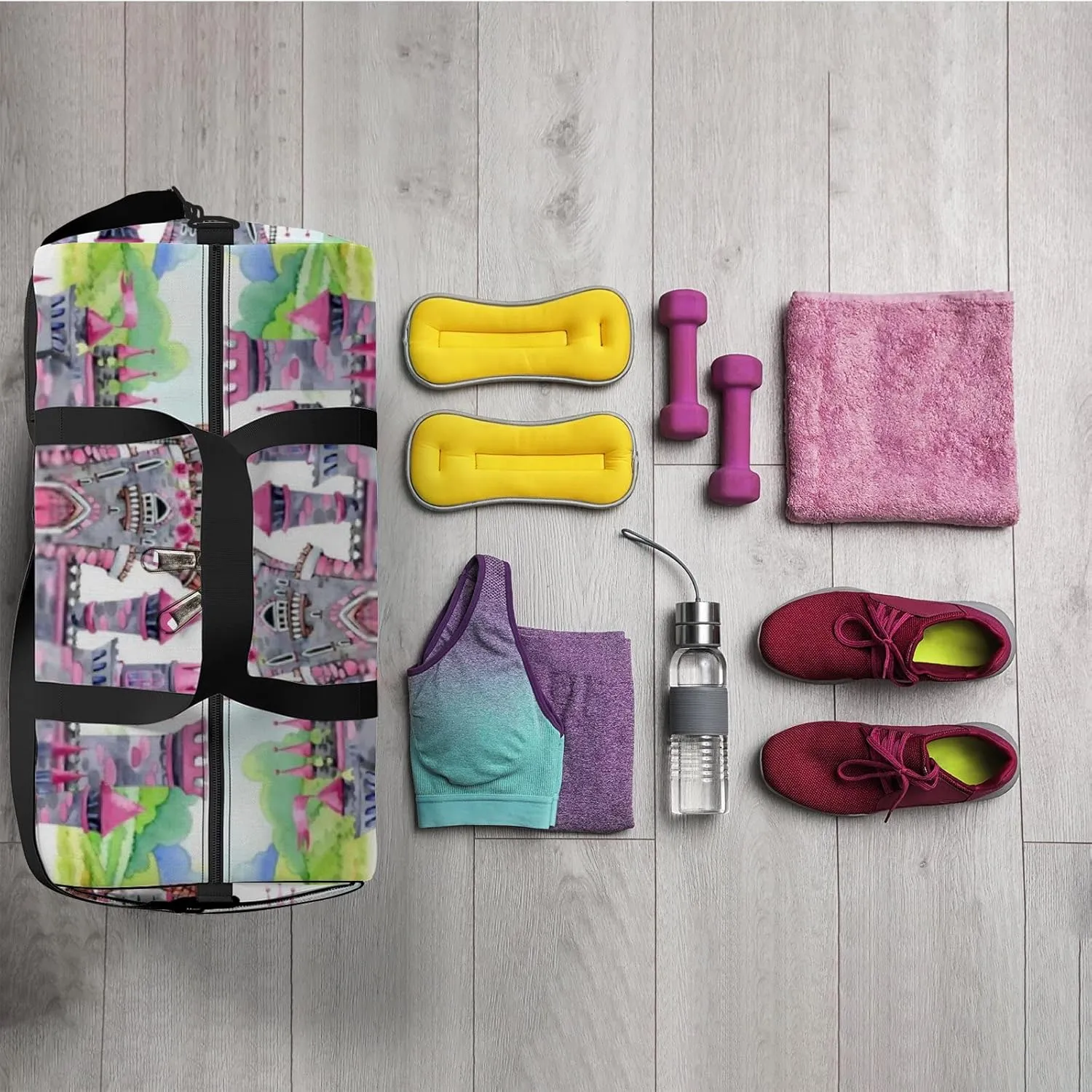 Sports Gym Bag for Women and Men Waterproof Castle of Princess Watercolor Style Duffel Bag Lightweight Carryon Traveling Boarding Gripsack