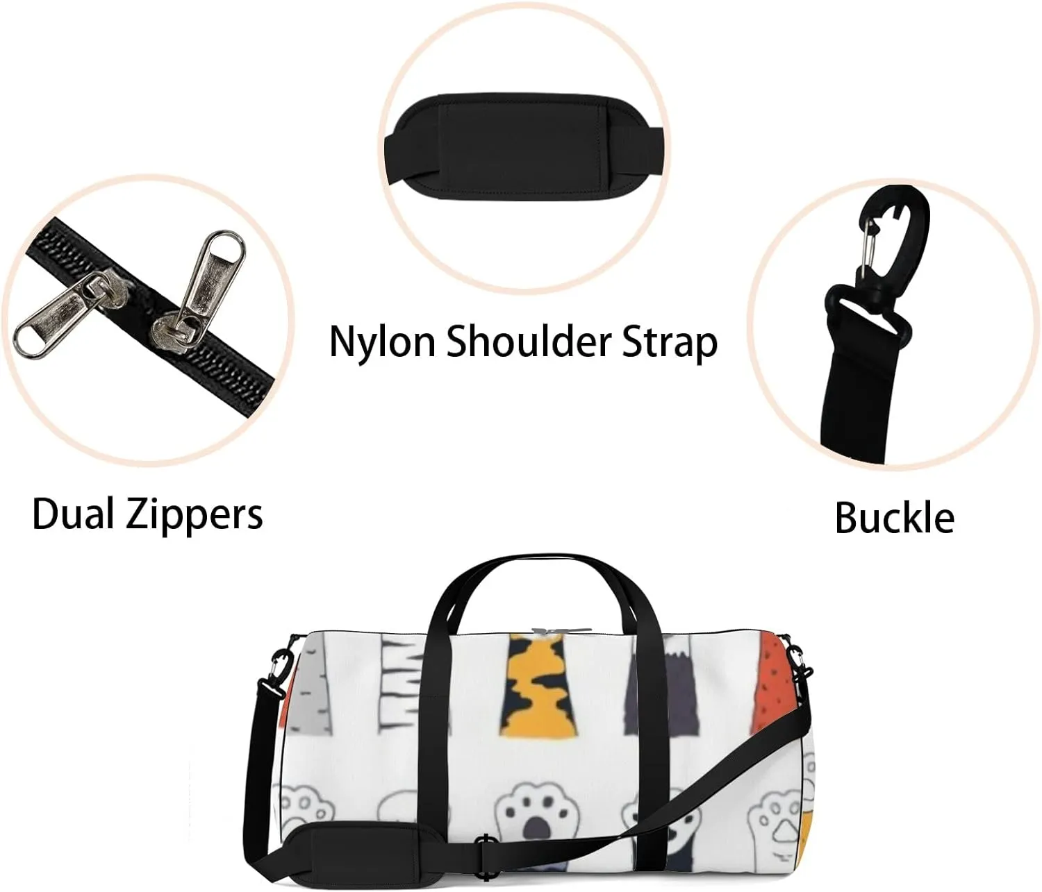 Sports Gym Bag for Women and Men Waterproof Cat Paws Doodle Cute Cartoon Style Duffel Bag Lightweight Carryon Traveling Boarding Gripsack