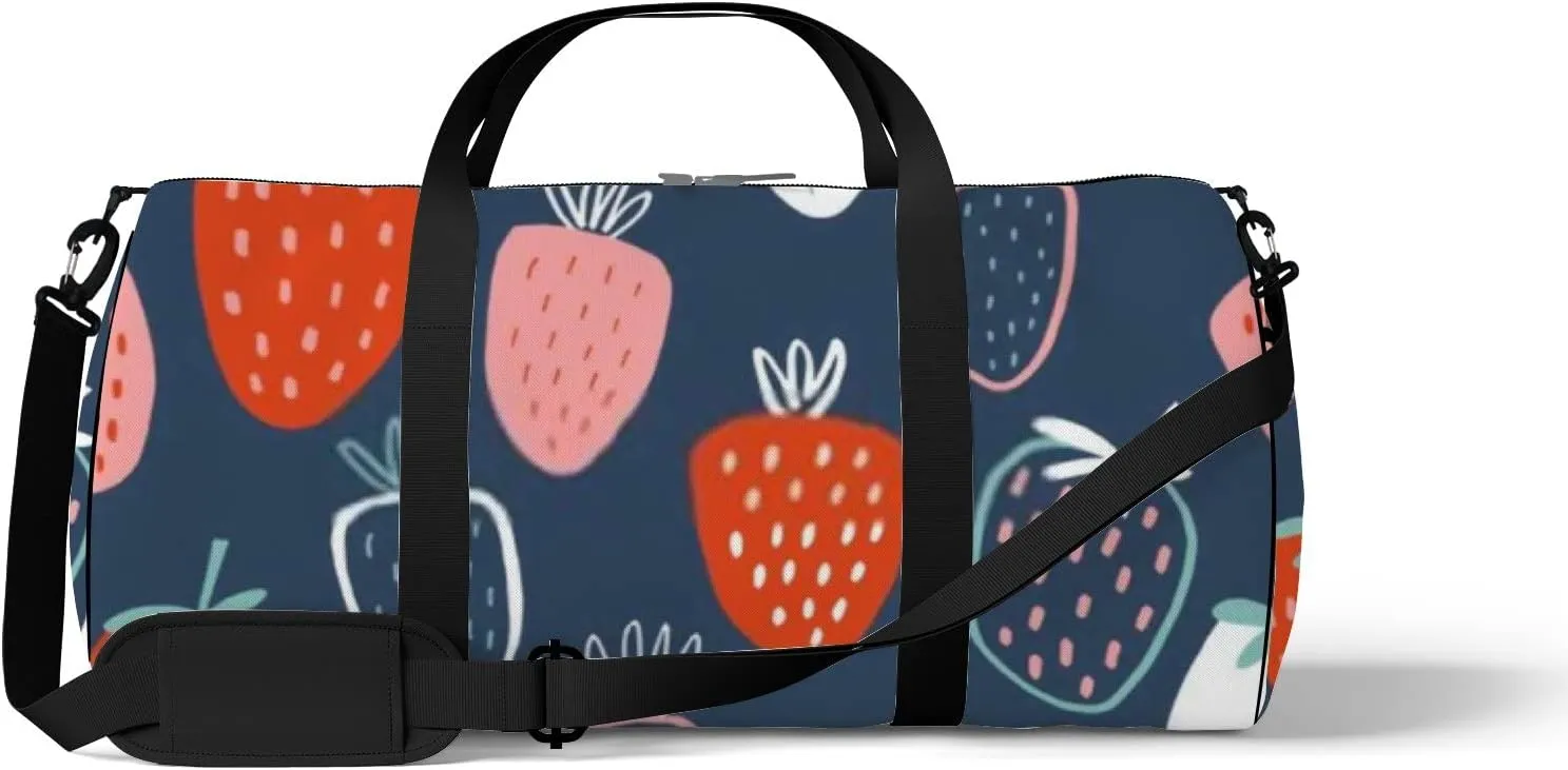 Sports Gym Bag for Women and Men Waterproof Childish Hand Drawn Strawberry Blue Duffel Bag Lightweight Carryon Traveling Boarding Gripsack