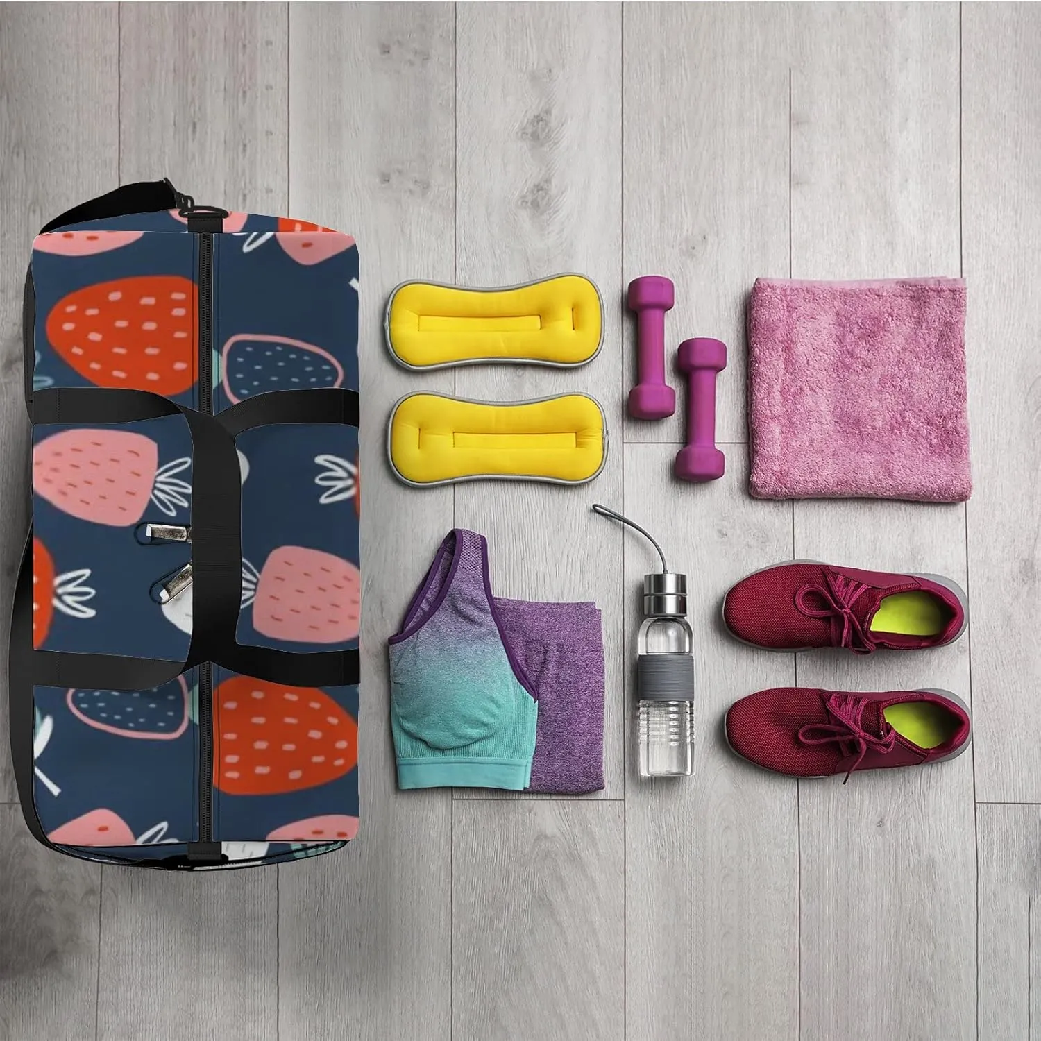 Sports Gym Bag for Women and Men Waterproof Childish Hand Drawn Strawberry Blue Duffel Bag Lightweight Carryon Traveling Boarding Gripsack