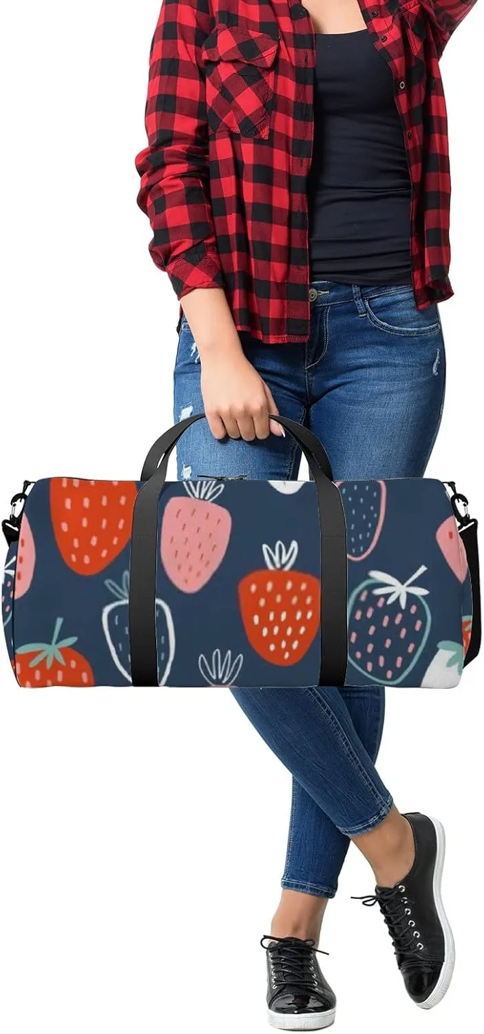 Sports Gym Bag for Women and Men Waterproof Childish Hand Drawn Strawberry Blue Duffel Bag Lightweight Carryon Traveling Boarding Gripsack