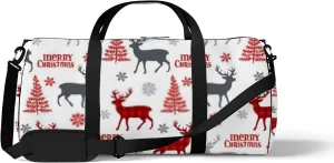 Sports Gym Bag for Women and Men Waterproof Christmas Deer Tree Snowflakes White Duffel Bag Lightweight Carryon Traveling Boarding Gripsack