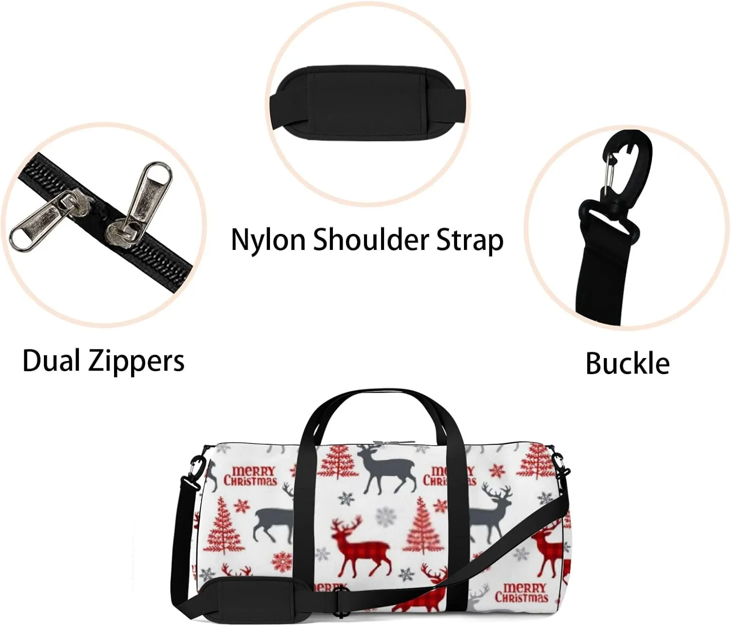 Sports Gym Bag for Women and Men Waterproof Christmas Deer Tree Snowflakes White Duffel Bag Lightweight Carryon Traveling Boarding Gripsack