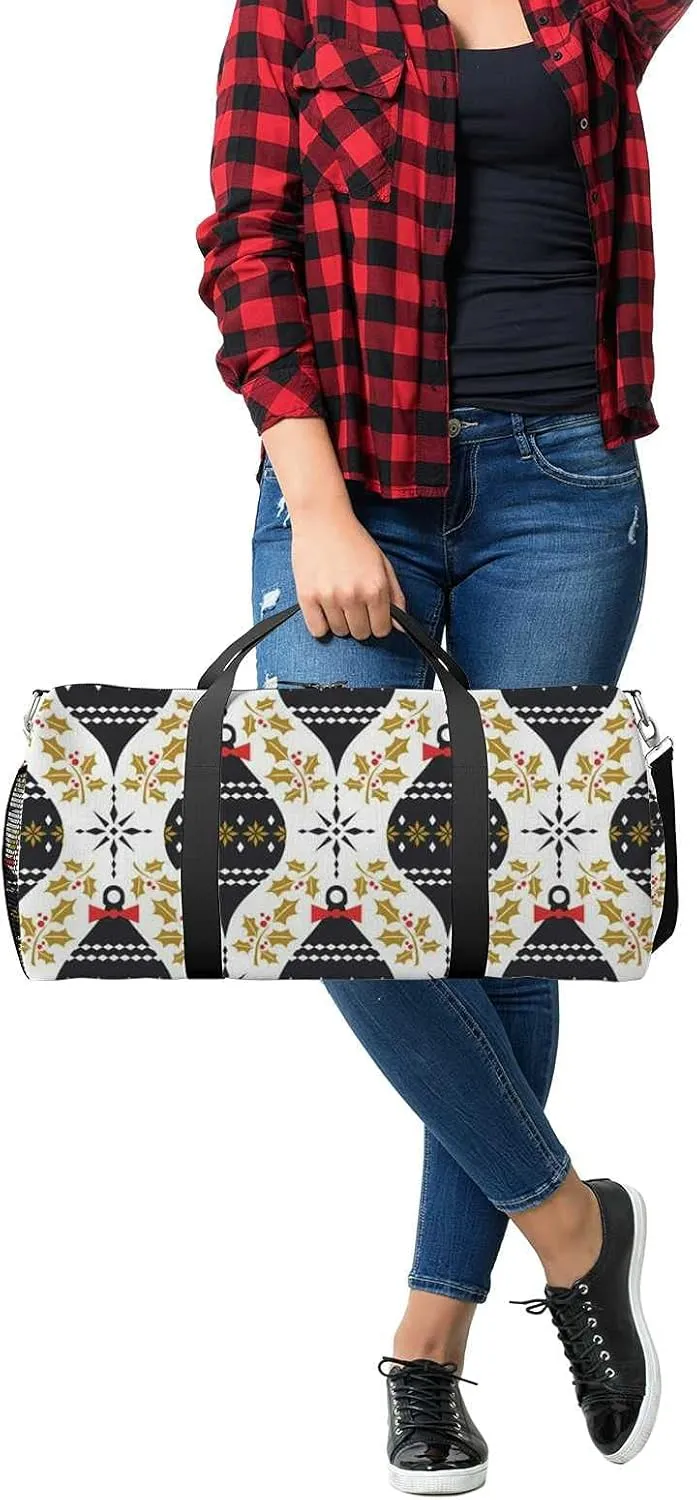 Sports Gym Bag for Women and Men Waterproof Christmas Pattern Retro Style Duffel Bag Lightweight Carryon Traveling Boarding Gripsack