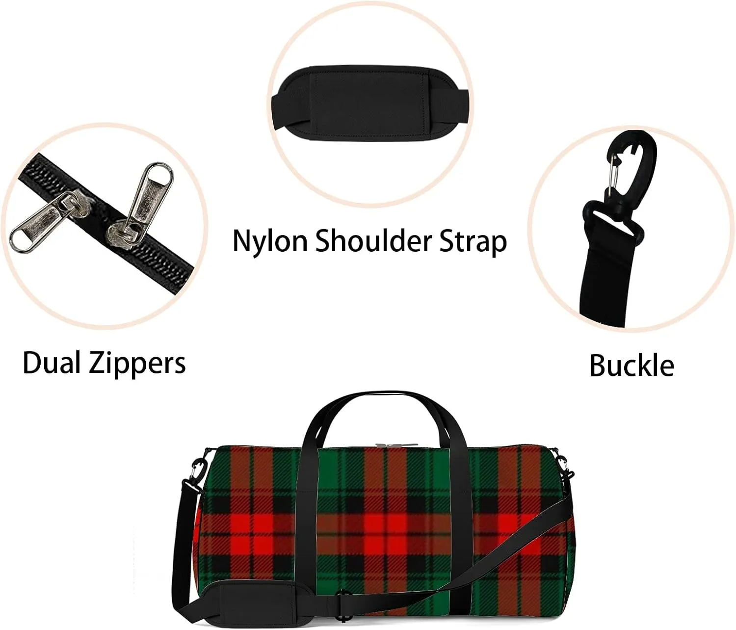 Sports Gym Bag for Women and Men Waterproof Christmas Red Dark Green Black Plaid Duffel Bag Lightweight Carryon Traveling Boarding Gripsack
