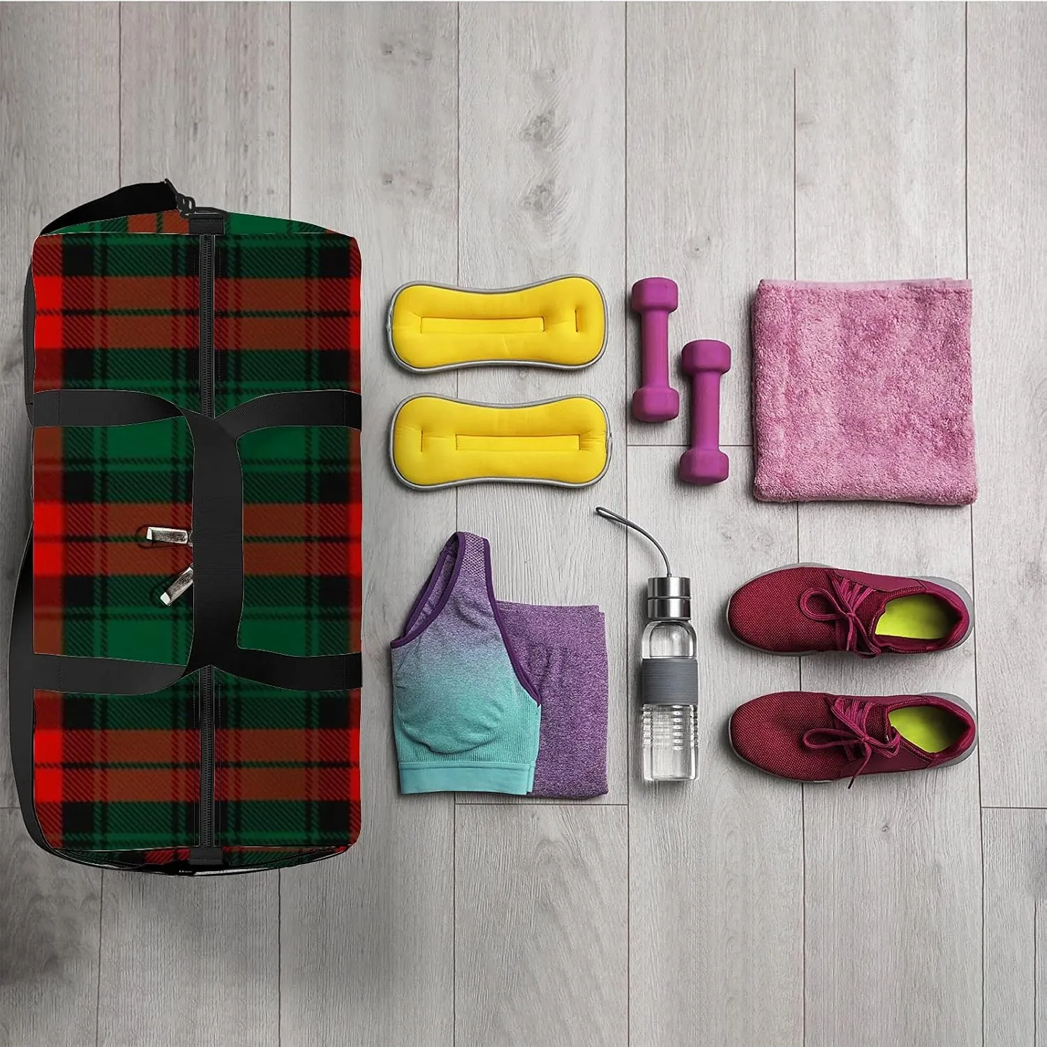 Sports Gym Bag for Women and Men Waterproof Christmas Red Dark Green Black Plaid Duffel Bag Lightweight Carryon Traveling Boarding Gripsack