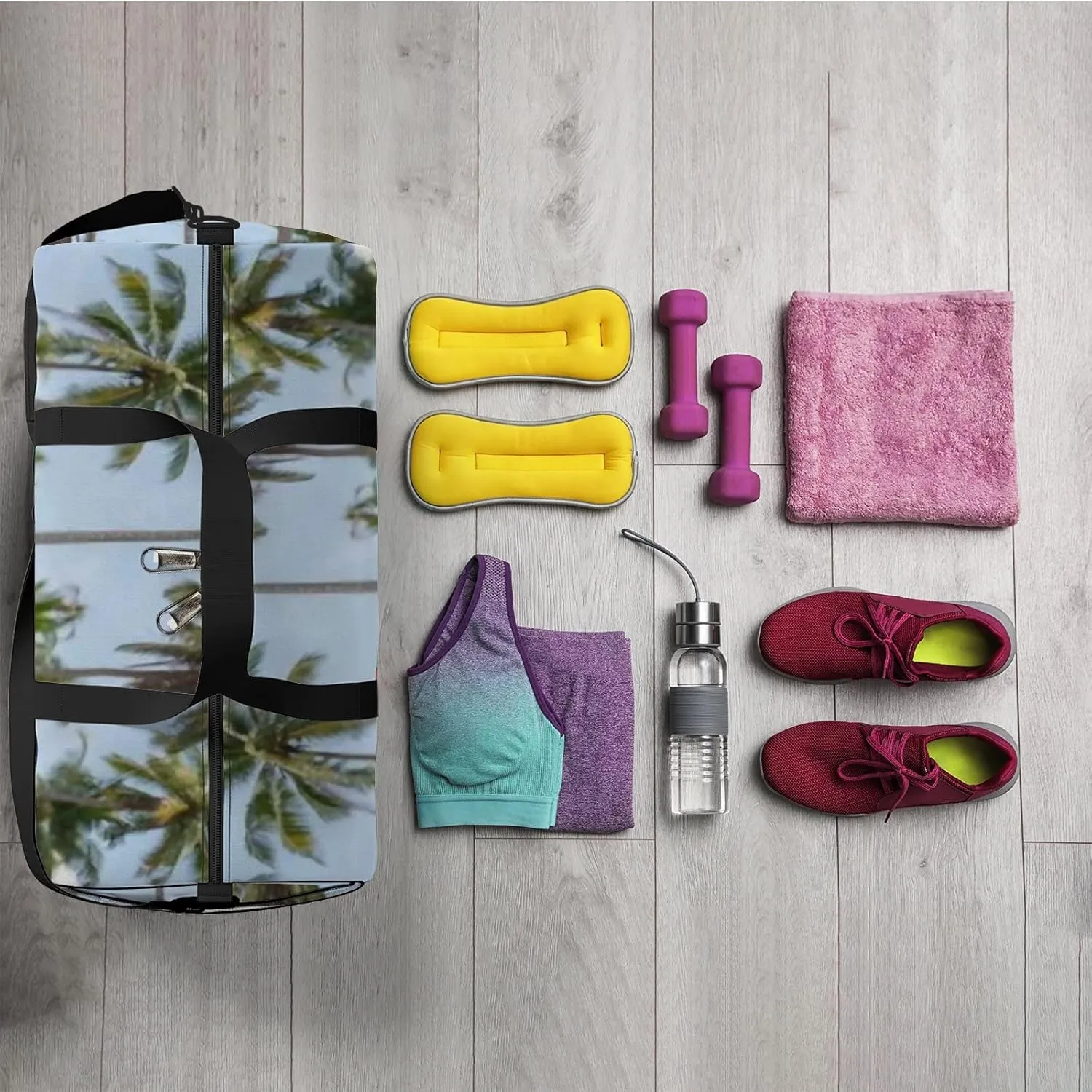 Sports Gym Bag for Women and Men Waterproof Coconut Palm Tree Summer Green Duffel Bag Lightweight Carryon Traveling Boarding Gripsack
