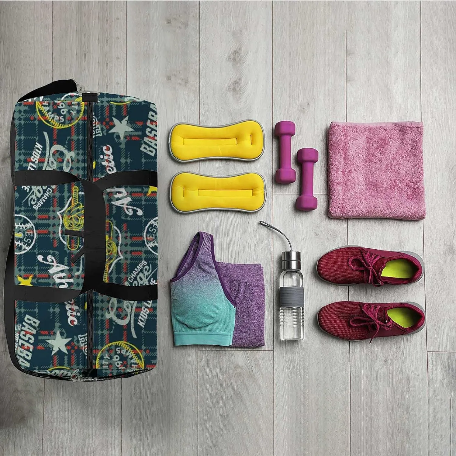 Sports Gym Bag for Women and Men Waterproof College Sport Graphics Collage Grunge Plaid Duffel Bag Lightweight Carryon Traveling Boarding Gripsack