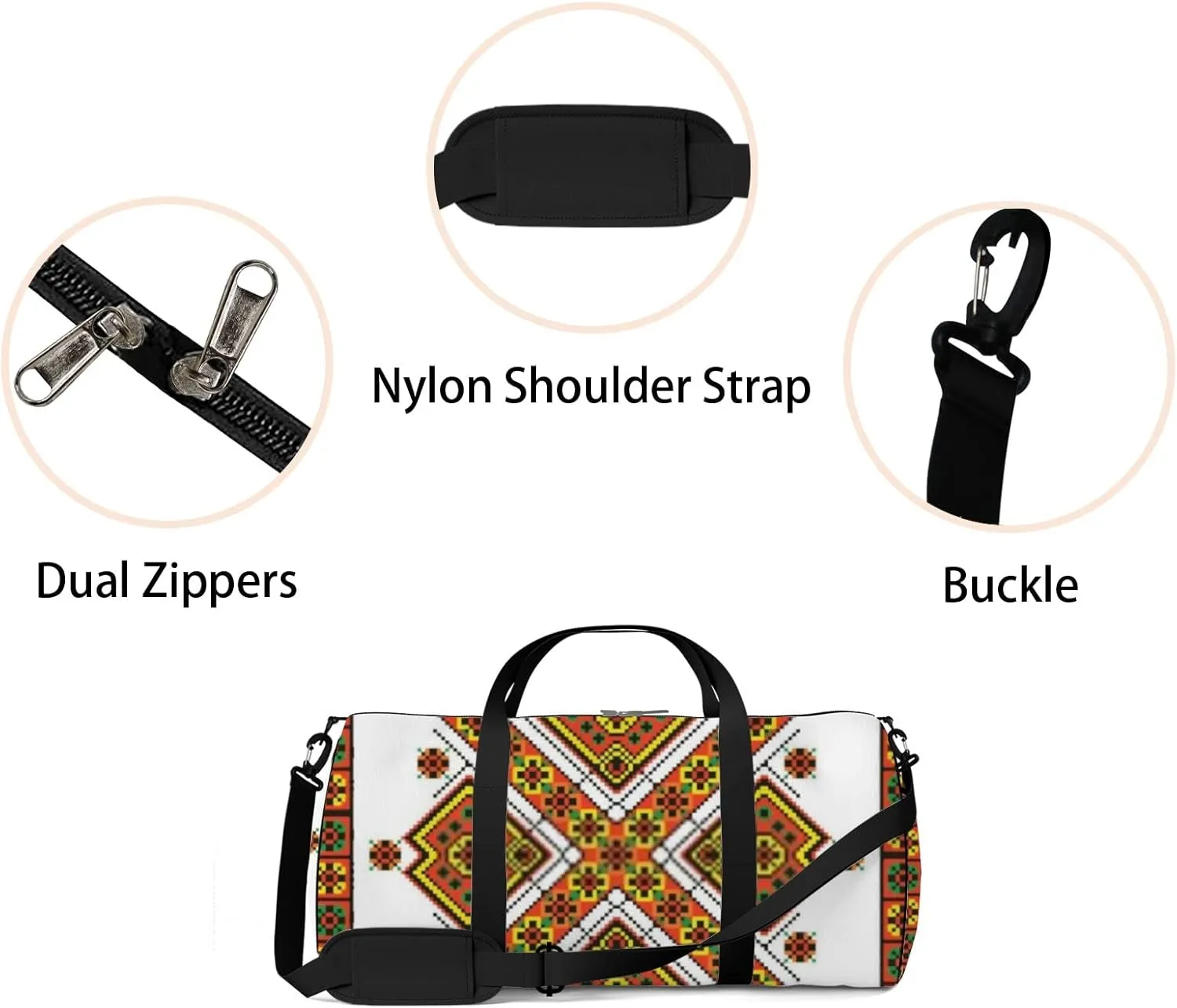 Sports Gym Bag for Women and Men Waterproof Colored Embroidery Ethnic Style Pattern Duffel Bag Lightweight Carryon Traveling Boarding Gripsack