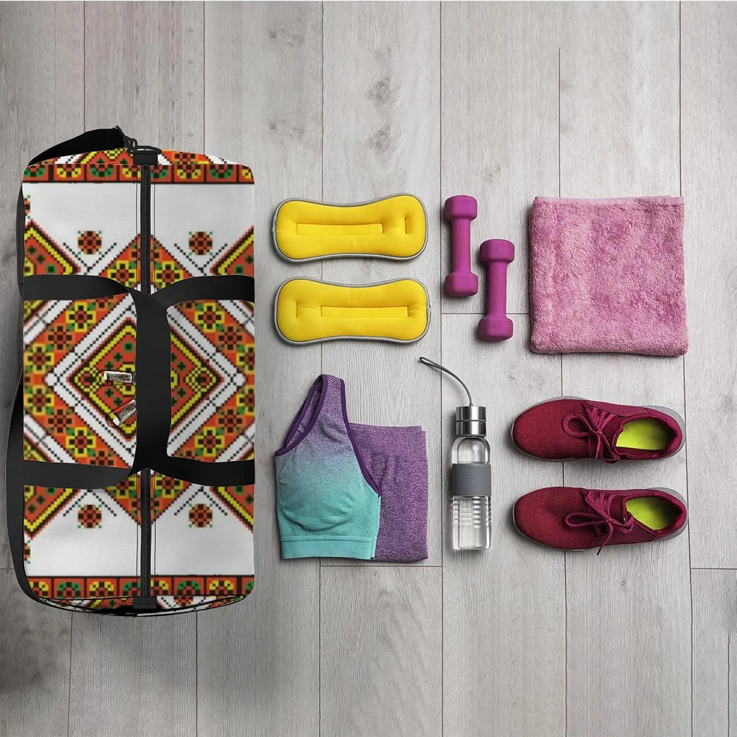 Sports Gym Bag for Women and Men Waterproof Colored Embroidery Ethnic Style Pattern Duffel Bag Lightweight Carryon Traveling Boarding Gripsack