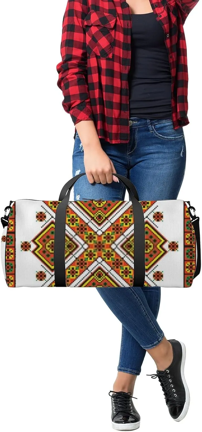 Sports Gym Bag for Women and Men Waterproof Colored Embroidery Ethnic Style Pattern Duffel Bag Lightweight Carryon Traveling Boarding Gripsack