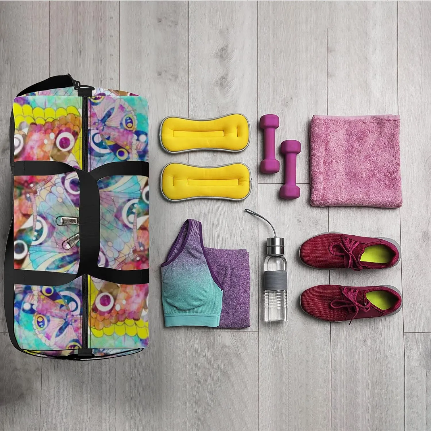 Sports Gym Bag for Women and Men Waterproof Colorful Butterflies Duffel Bag Lightweight Carryon Traveling Boarding Gripsack