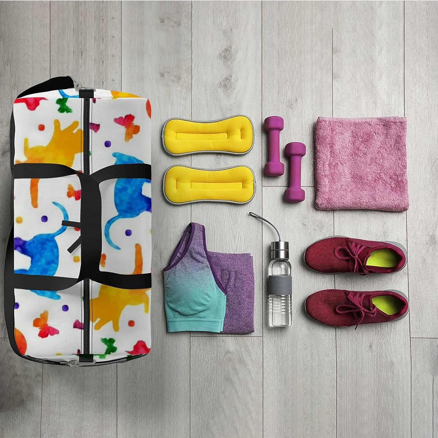 Sports Gym Bag for Women and Men Waterproof Colorful Cute Cats and Butterflies Duffel Bag Lightweight Carryon Traveling Boarding Gripsack