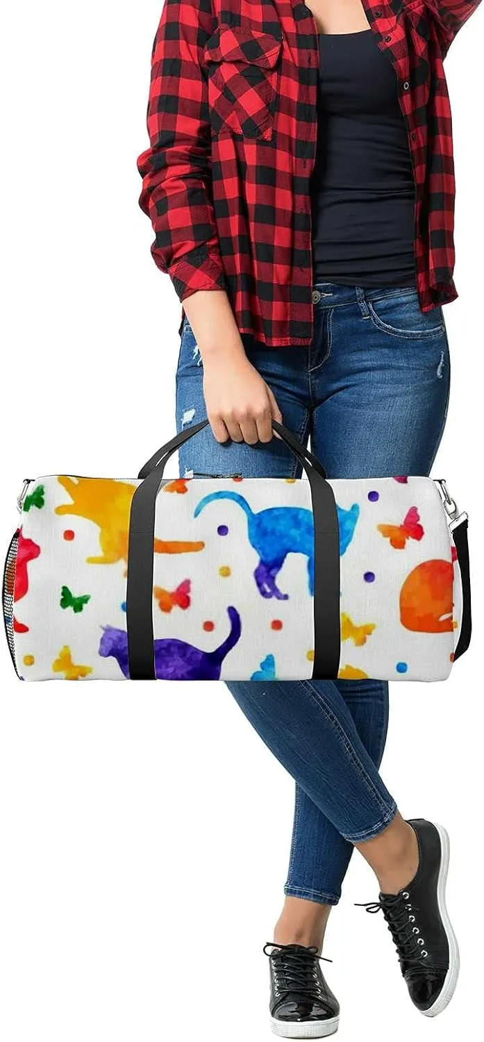 Sports Gym Bag for Women and Men Waterproof Colorful Cute Cats and Butterflies Duffel Bag Lightweight Carryon Traveling Boarding Gripsack