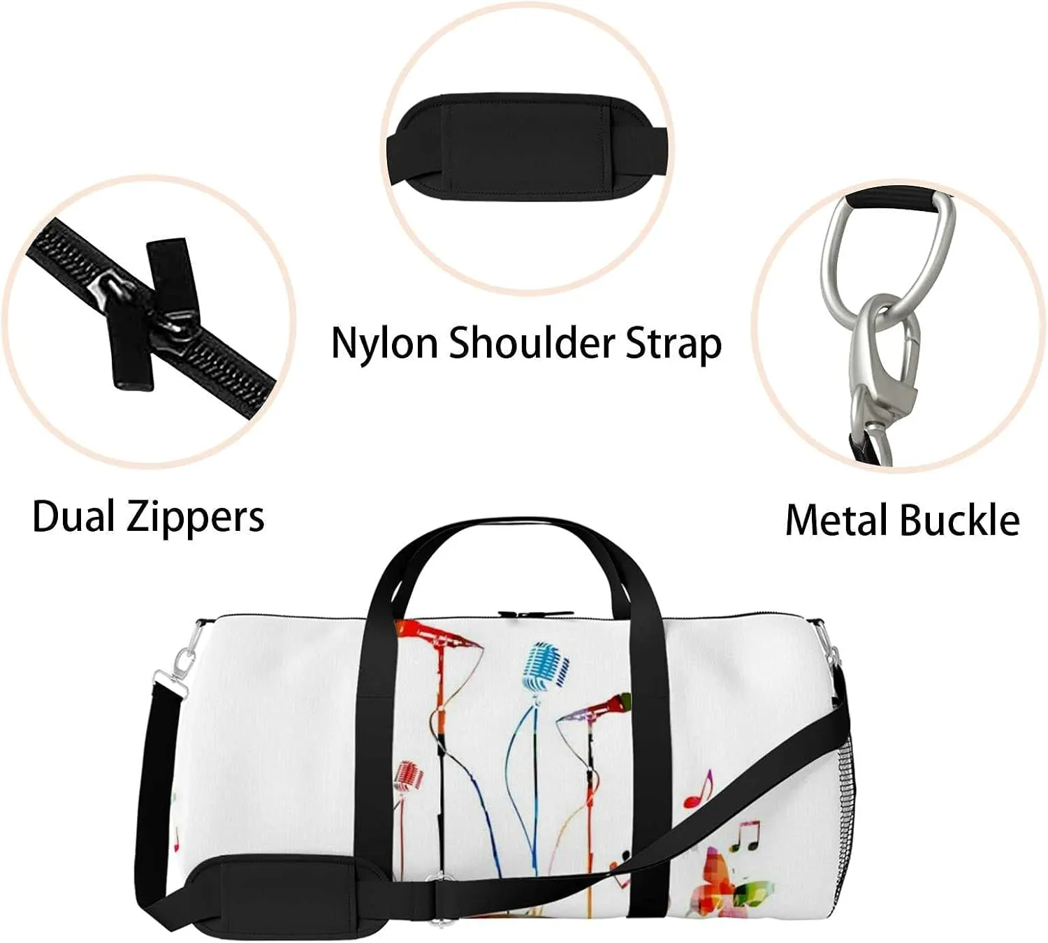 Sports Gym Bag for Women and Men Waterproof Colorful Music Microphones Duffel Bag Lightweight Carryon Traveling Boarding Gripsack