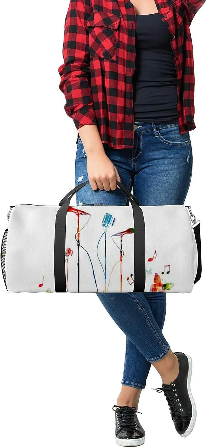 Sports Gym Bag for Women and Men Waterproof Colorful Music Microphones Duffel Bag Lightweight Carryon Traveling Boarding Gripsack