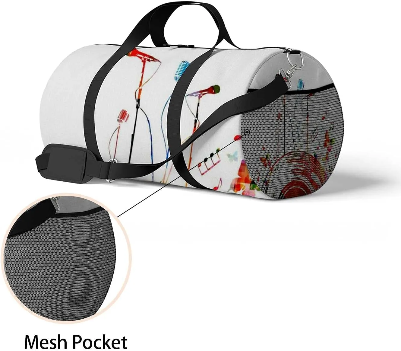 Sports Gym Bag for Women and Men Waterproof Colorful Music Microphones Duffel Bag Lightweight Carryon Traveling Boarding Gripsack