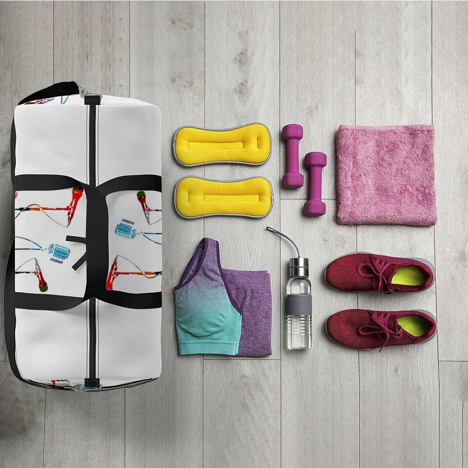 Sports Gym Bag for Women and Men Waterproof Colorful Music Microphones Duffel Bag Lightweight Carryon Traveling Boarding Gripsack
