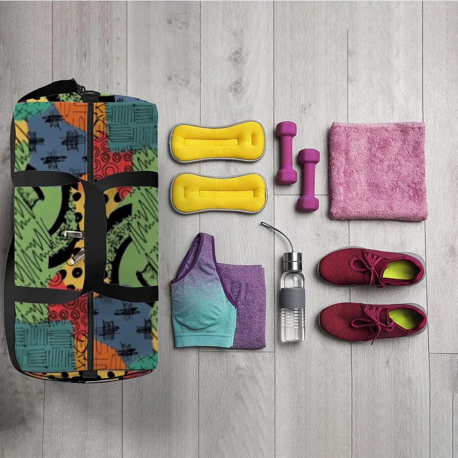 Sports Gym Bag for Women and Men Waterproof Colorful Pattern Duffel Bag Lightweight Carryon Traveling Boarding Gripsack