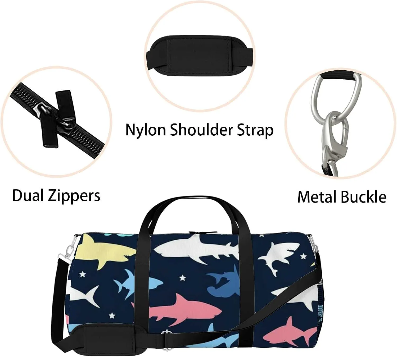 Sports Gym Bag for Women and Men Waterproof Colorful Shark Pattern Illustration Duffel Bag Lightweight Carryon Traveling Boarding Gripsack