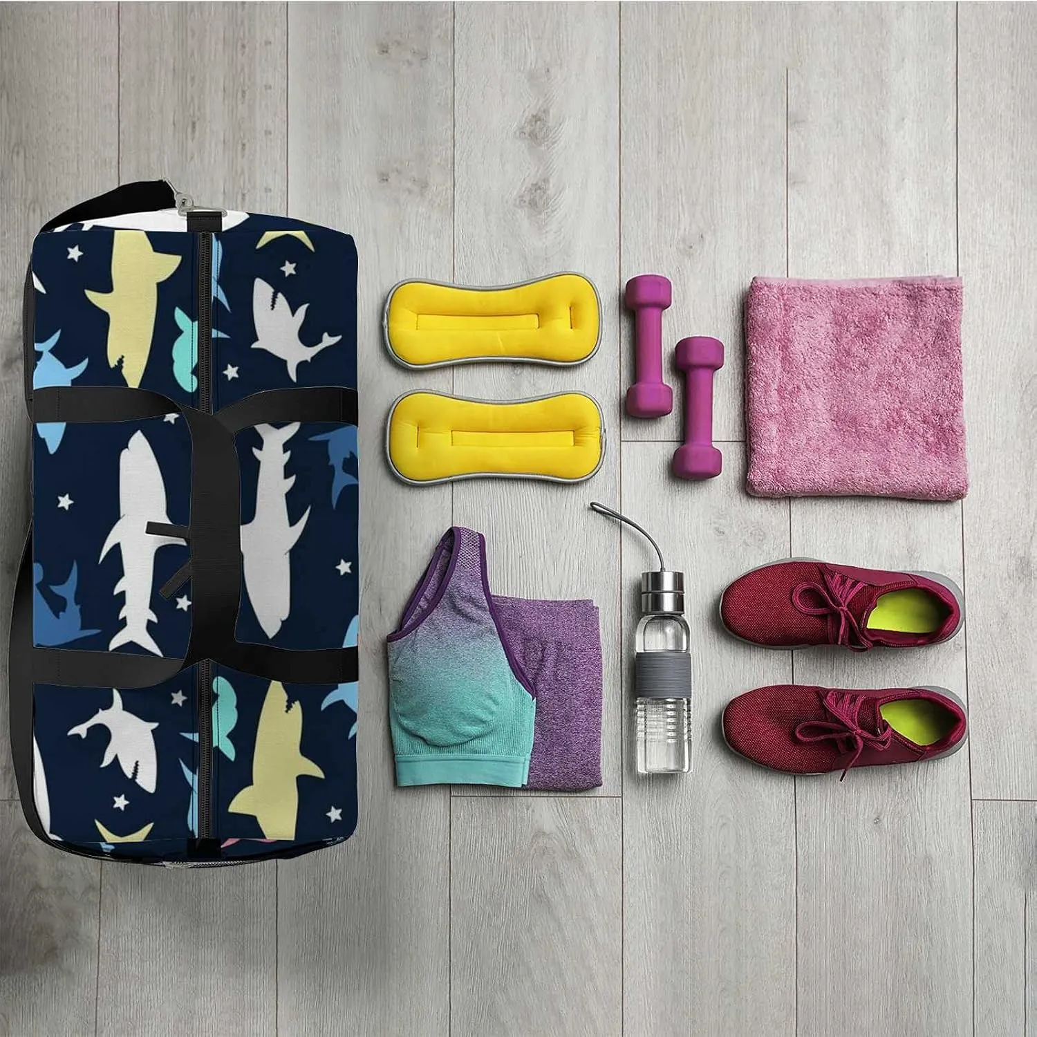 Sports Gym Bag for Women and Men Waterproof Colorful Shark Pattern Illustration Duffel Bag Lightweight Carryon Traveling Boarding Gripsack