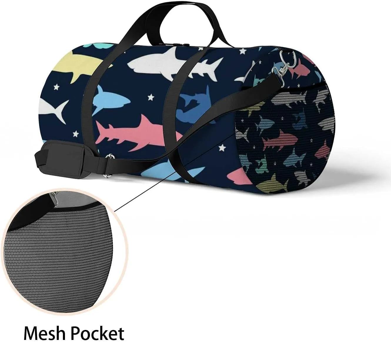 Sports Gym Bag for Women and Men Waterproof Colorful Shark Pattern Illustration Duffel Bag Lightweight Carryon Traveling Boarding Gripsack