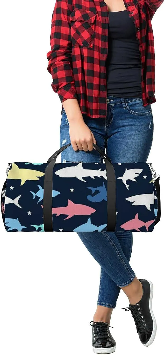 Sports Gym Bag for Women and Men Waterproof Colorful Shark Pattern Illustration Duffel Bag Lightweight Carryon Traveling Boarding Gripsack