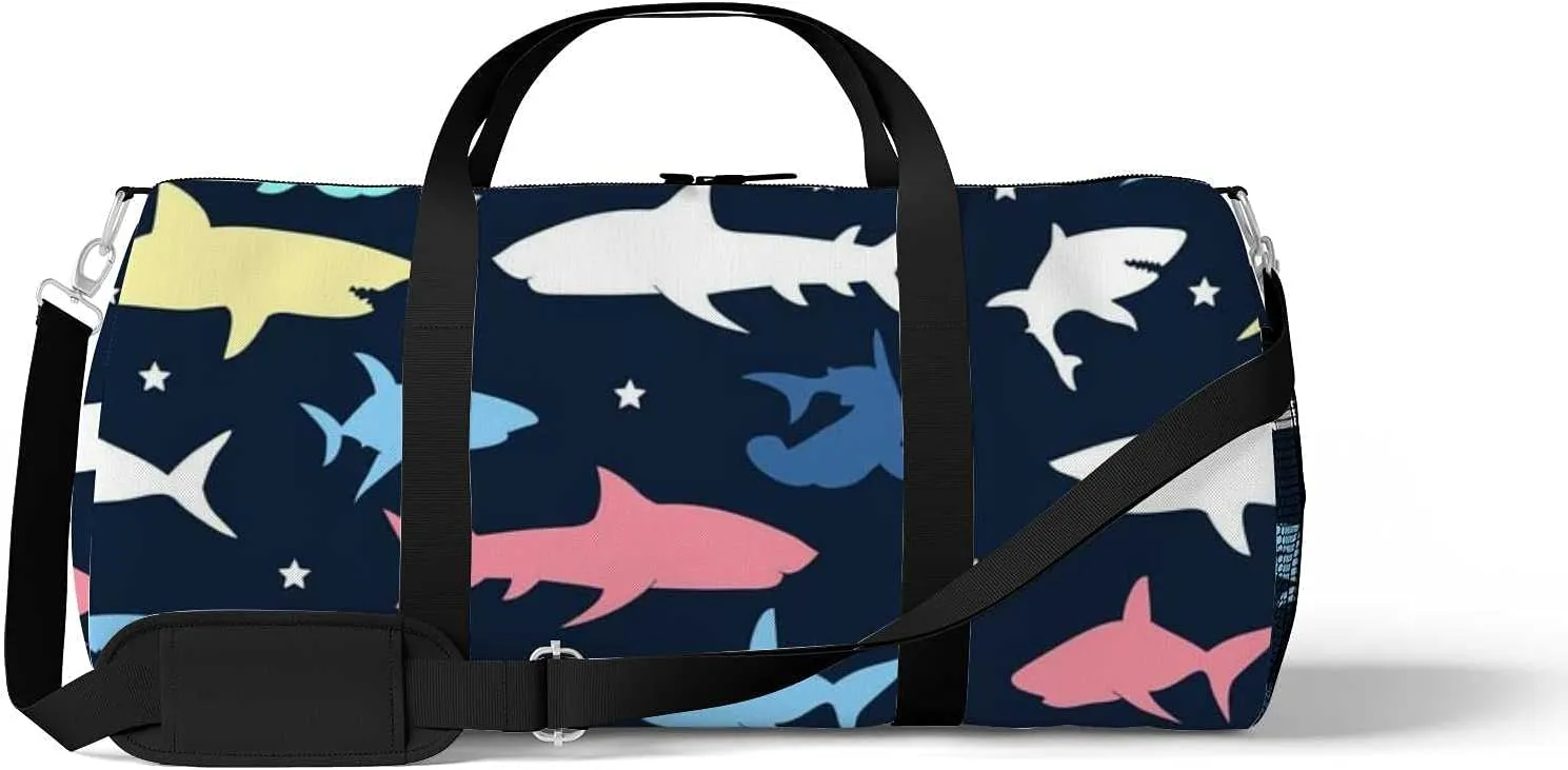 Sports Gym Bag for Women and Men Waterproof Colorful Shark Pattern Illustration Duffel Bag Lightweight Carryon Traveling Boarding Gripsack