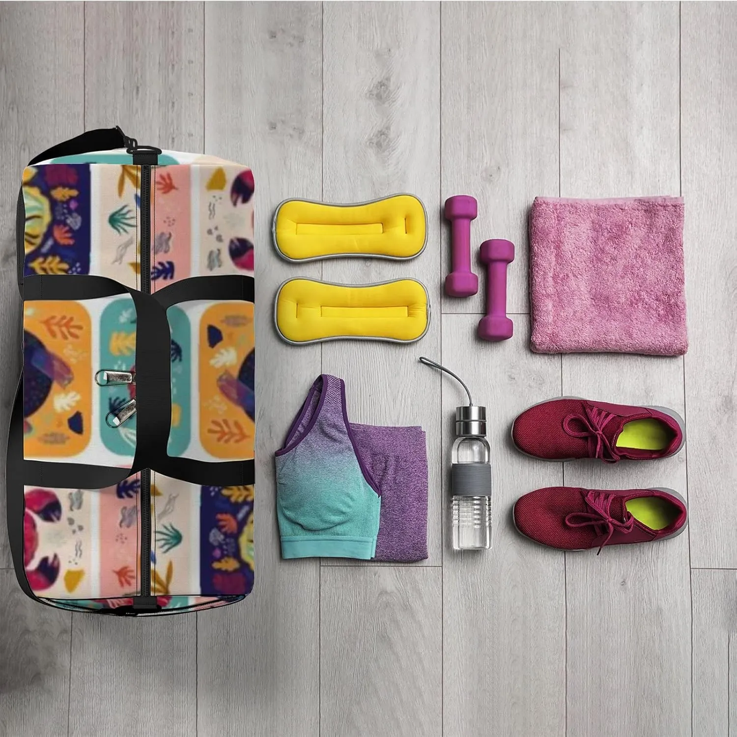 Sports Gym Bag for Women and Men Waterproof Colourful Cute Marine Life Duffel Bag Lightweight Carryon Traveling Boarding Gripsack
