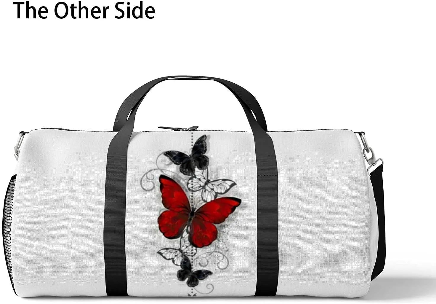 Sports Gym Bag for Women and Men Waterproof Composition Bright Red Black Butterflies Duffel Bag Lightweight Carryon Traveling Boarding Gripsack