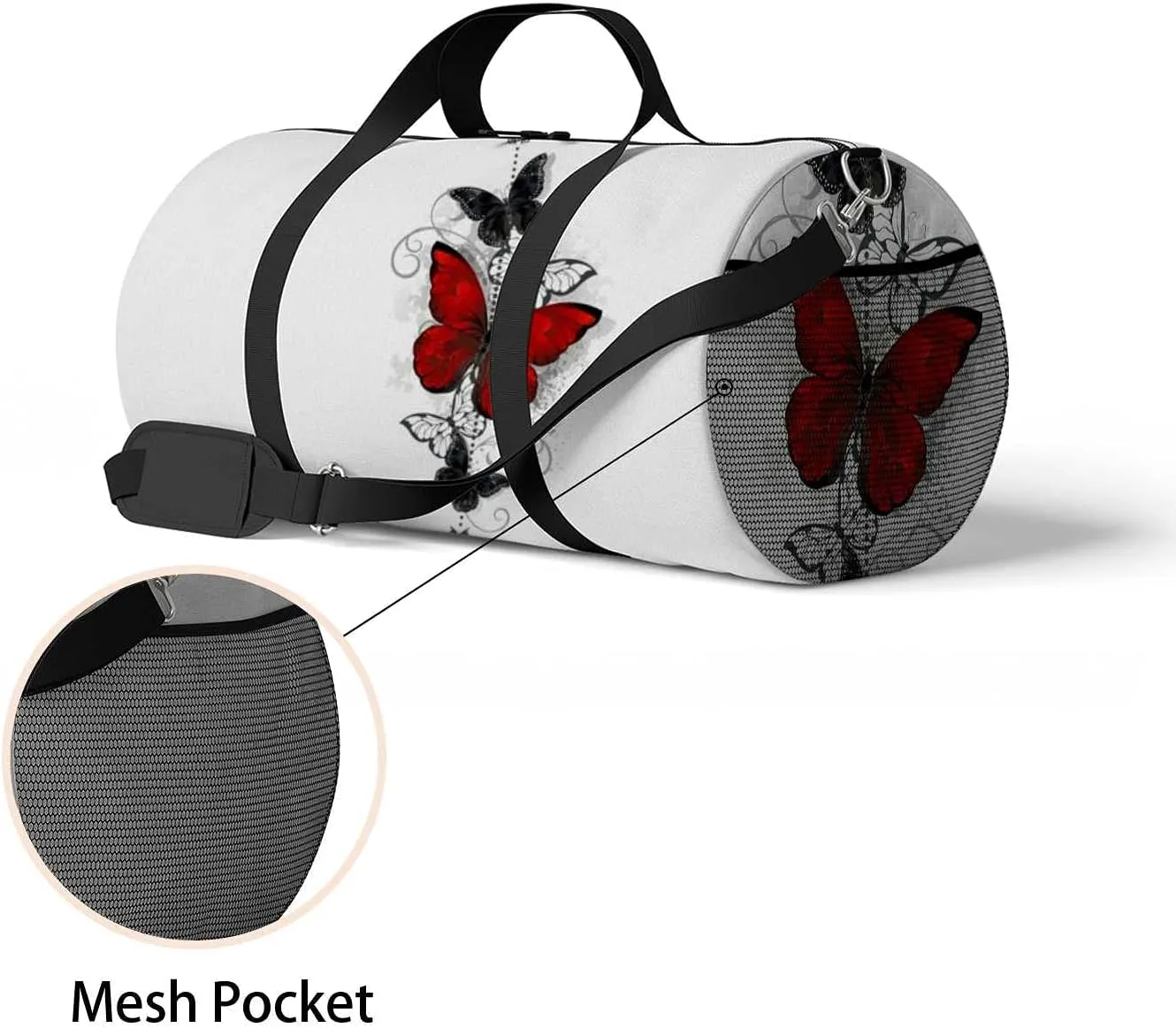 Sports Gym Bag for Women and Men Waterproof Composition Bright Red Black Butterflies Duffel Bag Lightweight Carryon Traveling Boarding Gripsack