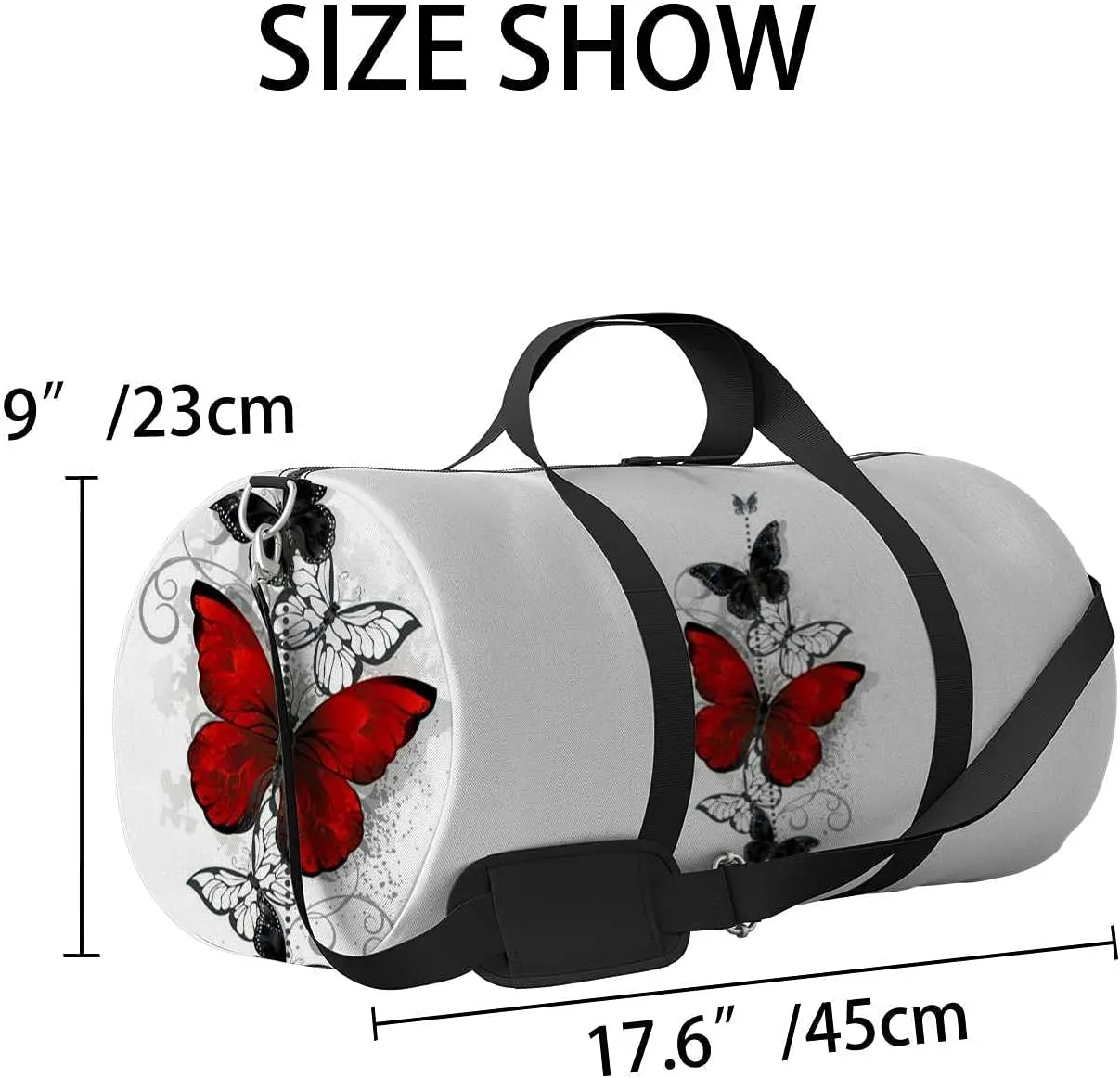 Sports Gym Bag for Women and Men Waterproof Composition Bright Red Black Butterflies Duffel Bag Lightweight Carryon Traveling Boarding Gripsack