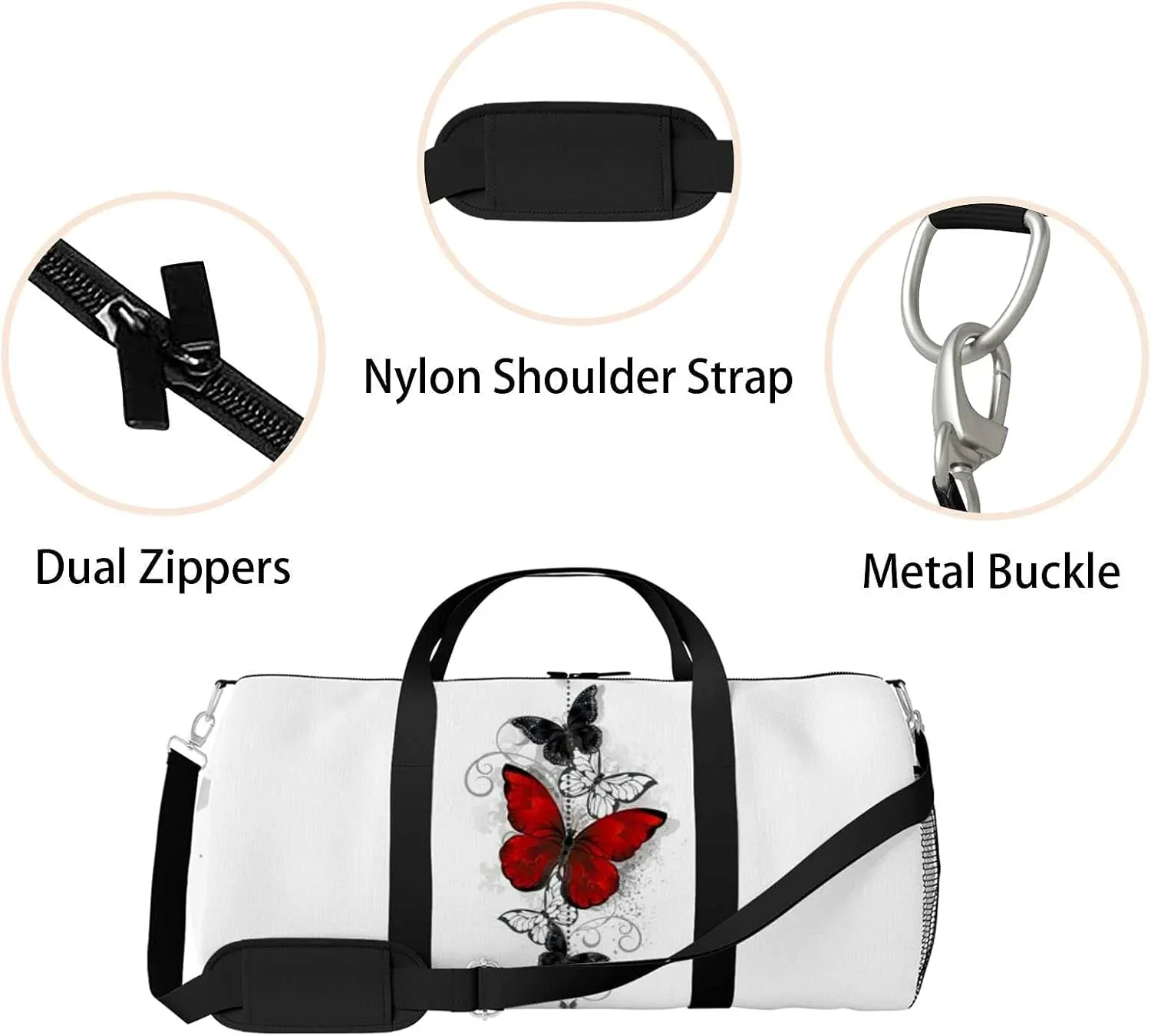 Sports Gym Bag for Women and Men Waterproof Composition Bright Red Black Butterflies Duffel Bag Lightweight Carryon Traveling Boarding Gripsack