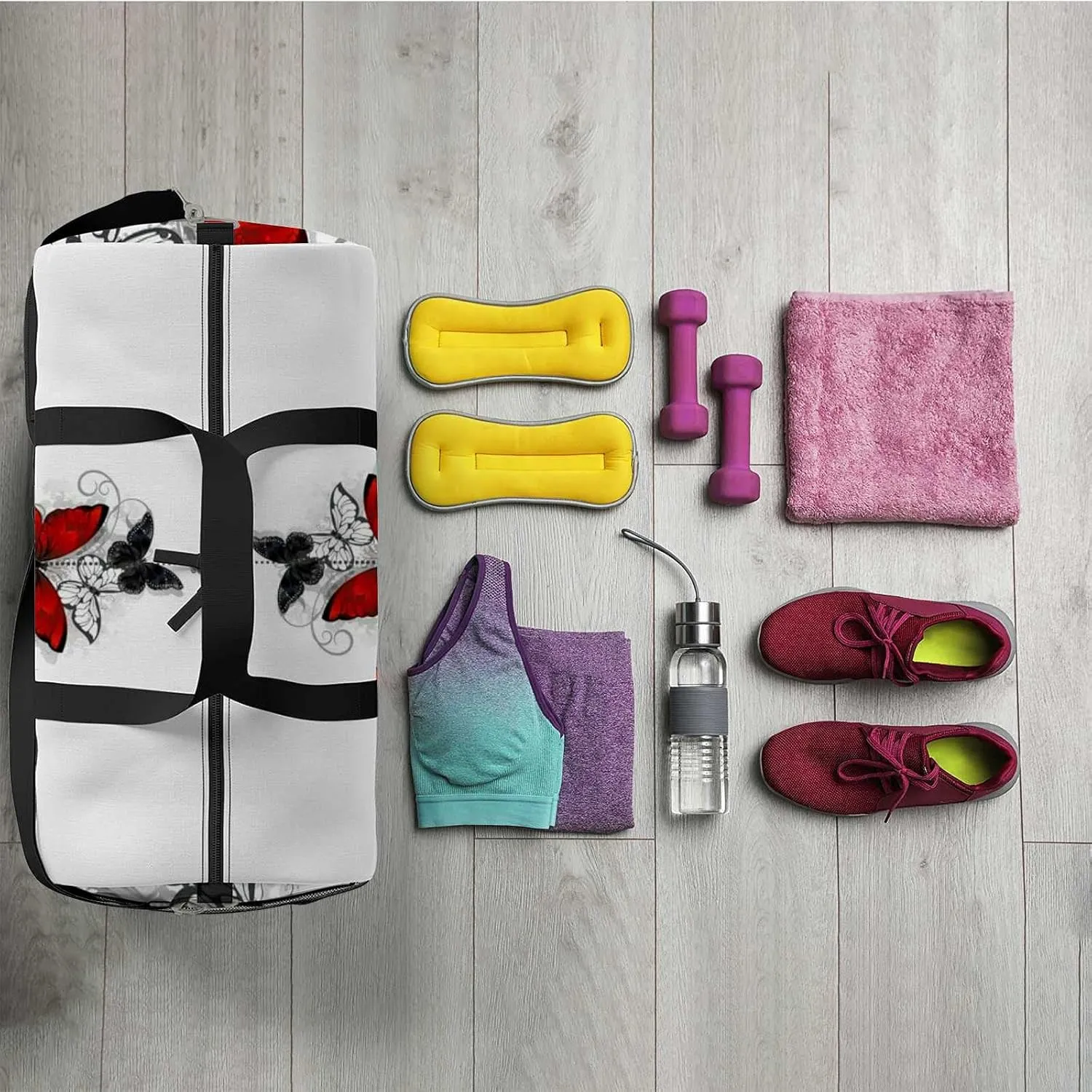 Sports Gym Bag for Women and Men Waterproof Composition Bright Red Black Butterflies Duffel Bag Lightweight Carryon Traveling Boarding Gripsack