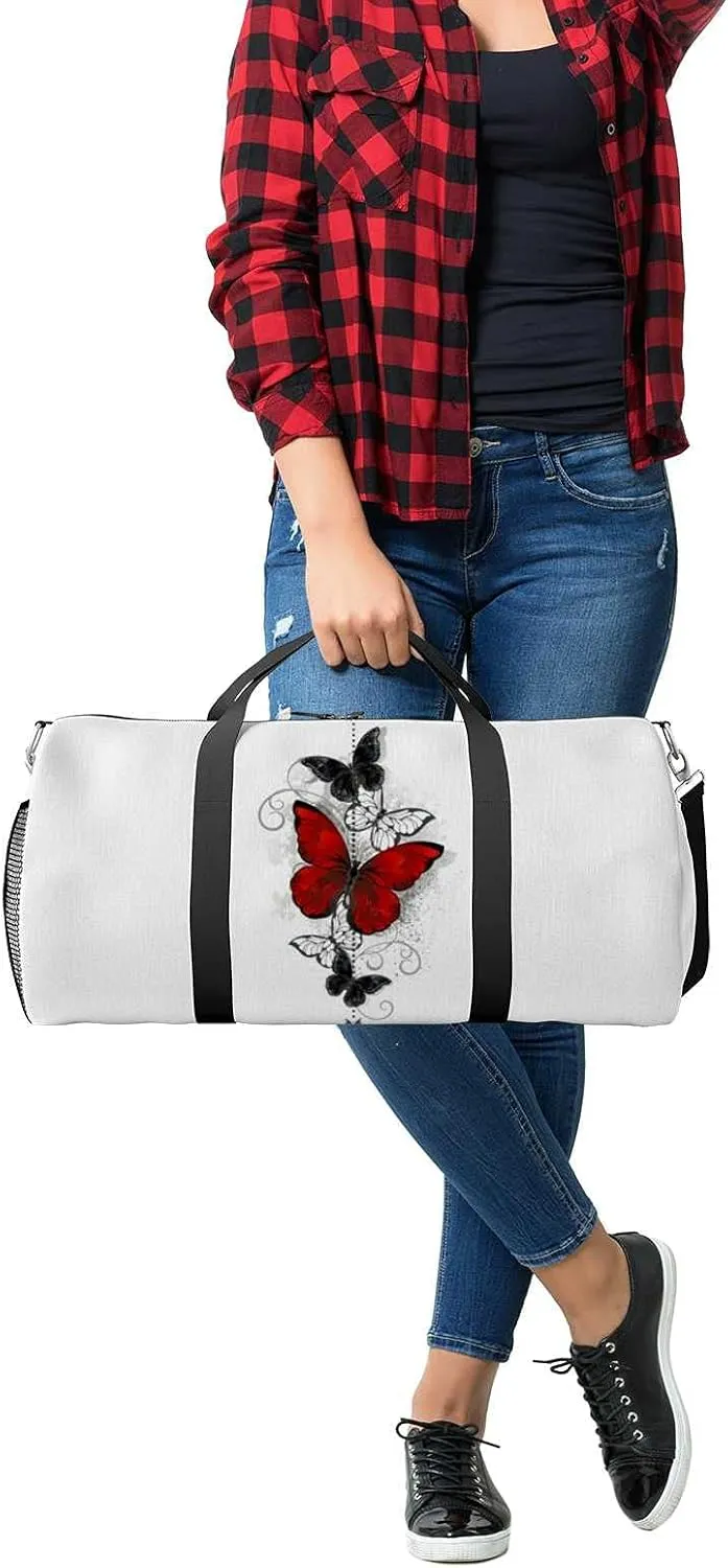 Sports Gym Bag for Women and Men Waterproof Composition Bright Red Black Butterflies Duffel Bag Lightweight Carryon Traveling Boarding Gripsack