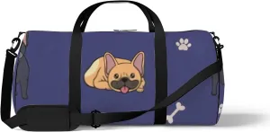 Sports Gym Bag for Women and Men Waterproof Cute Cartoon Bulldog Purple Duffel Bag Lightweight Carryon Traveling Boarding Gripsack
