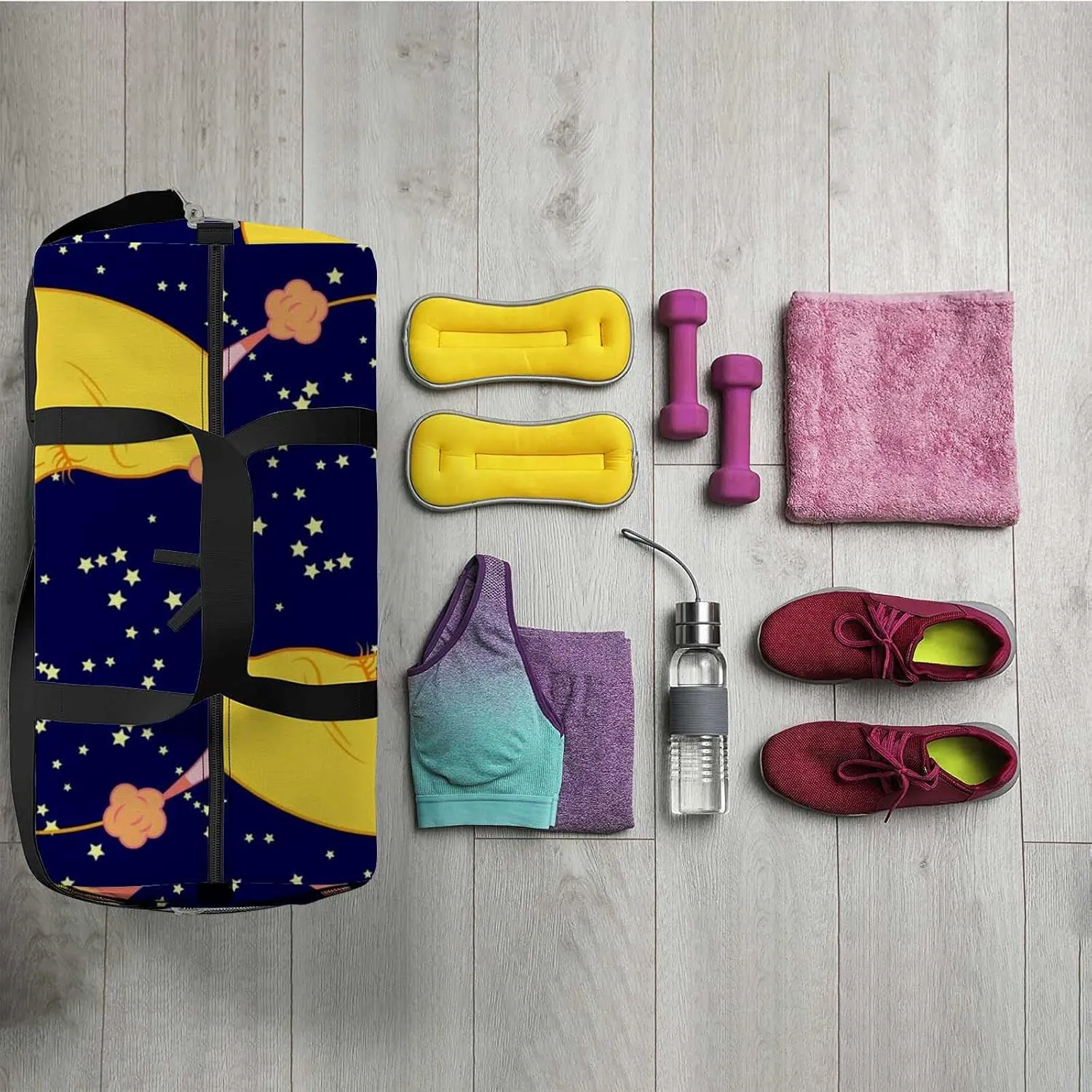 Sports Gym Bag for Women and Men Waterproof Cute Cartoon Sleeping Owl Circles Duffel Bag Lightweight Carryon Traveling Boarding Gripsack